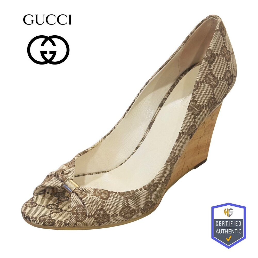 Gucci Monogram Peep-Toe Wedges - LIMITED RELEASE - Original Box Included
